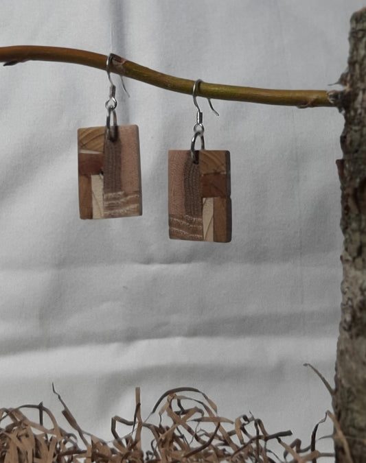 Wooden rectangular earrings hanging from a branch against a white background