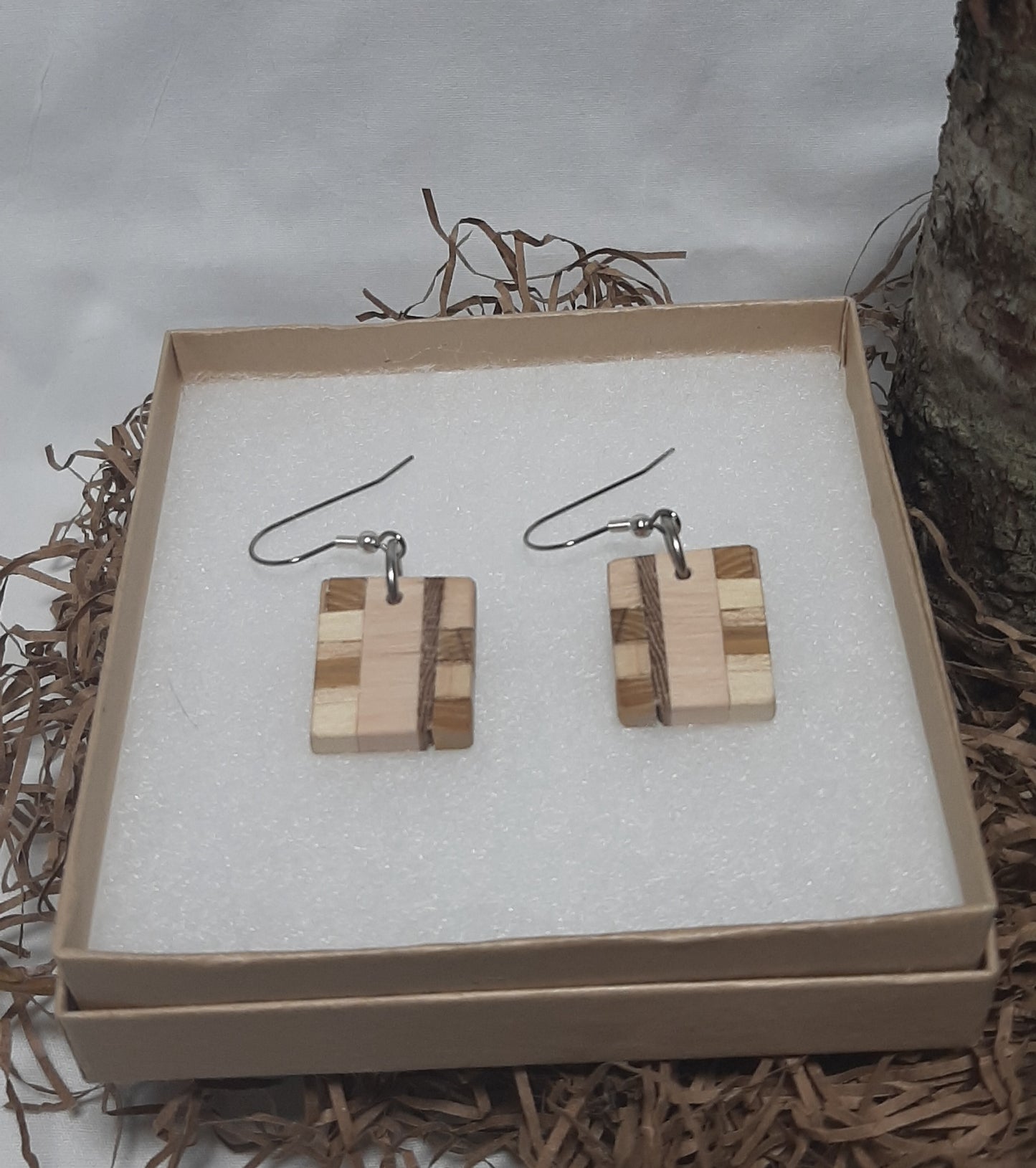 Mosaic laminated wood earrings