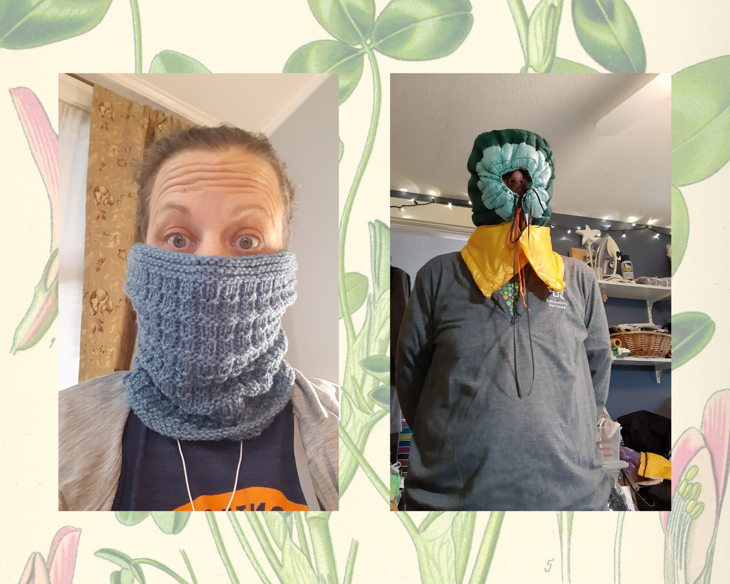 Two people wearing scarves and hoodies with a decorative leafy green border.